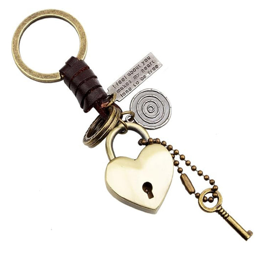Fashion Leather Cord Alloy Metal Trinkets Lock Car Trinket Keyring Key Chain Heart Keychain for Valentine's Day Wedding Gift